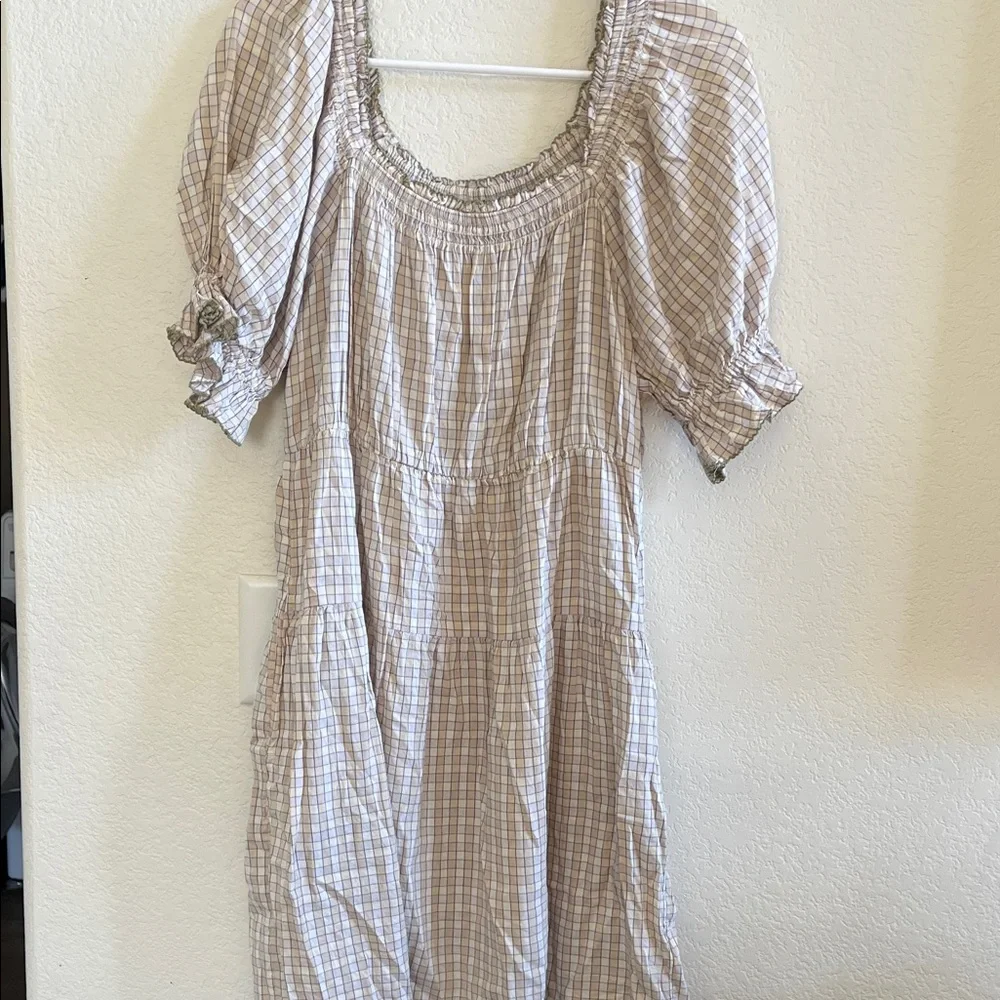 Old Navy Cream Plaid Square-Neck Midi Dress with Puff Sleeves - Picture 1 of 6